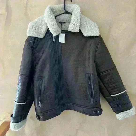 Crackled Faux Shearling Aviator Jacket  size XL - Picture 2 of 13